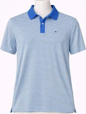 Vineyard Vines Polo Shirt Mens XL Blue/White Stretch Striped Performance Golf